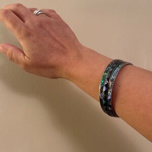 Abalone Inlay Bangle Bracelet Set - Iridescent Blue-Green